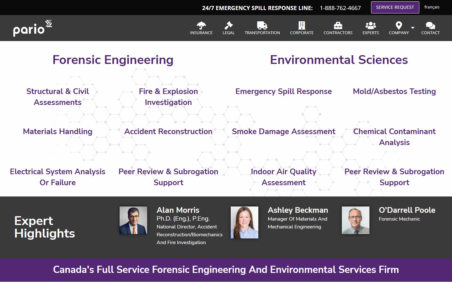 Archived May 2023 Pario homepage with audience navigation and dense engineering and environmental service lists