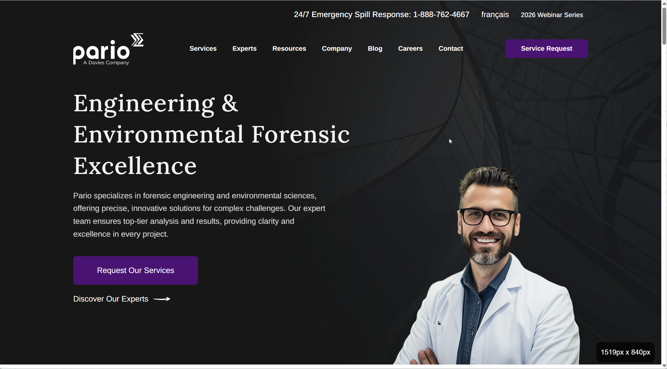 Pario homepage with corporate navigation, an engineering and environmental services introduction, and a purple service request action