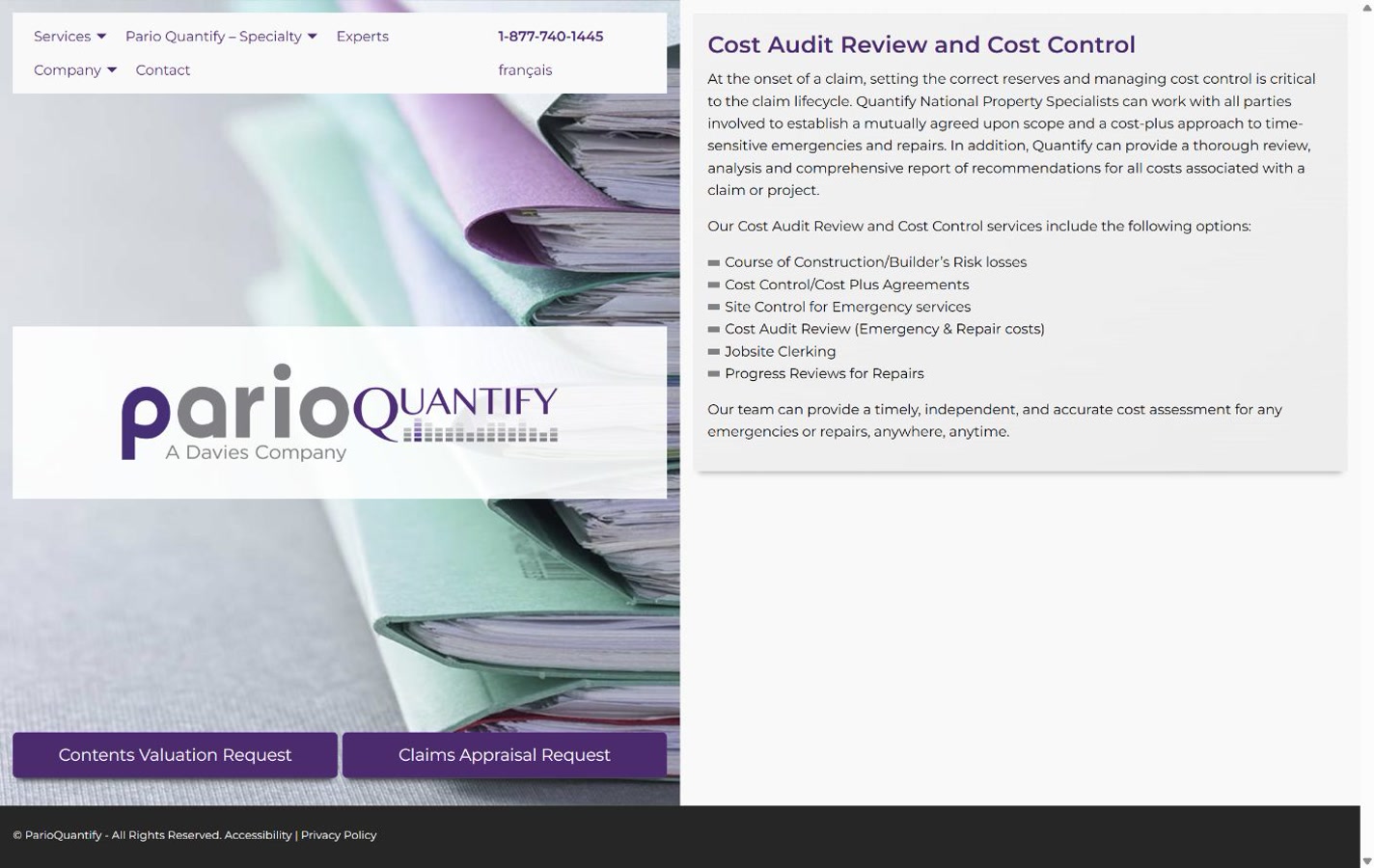Current ParioQuantify service page with a wide hero and single-column service content