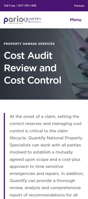 ParioQuantify demo service page on a mobile viewport