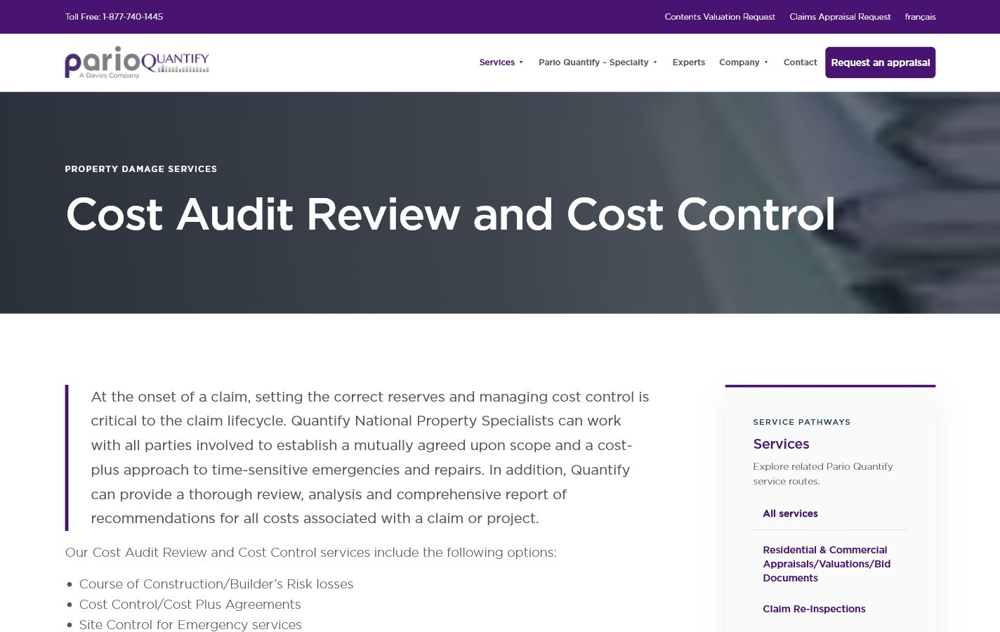 ParioQuantify demo service page on desktop