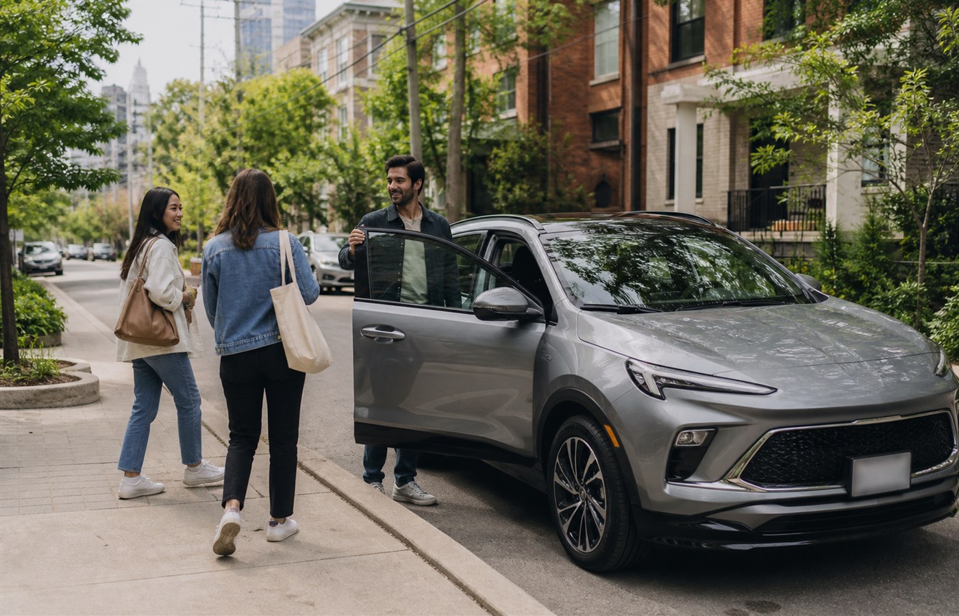 Three people meeting beside an unbranded car for a shared urban ride