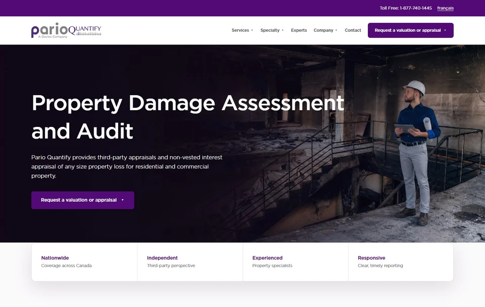 ParioQuantify demo homepage with a property damage assessment hero and service request actions